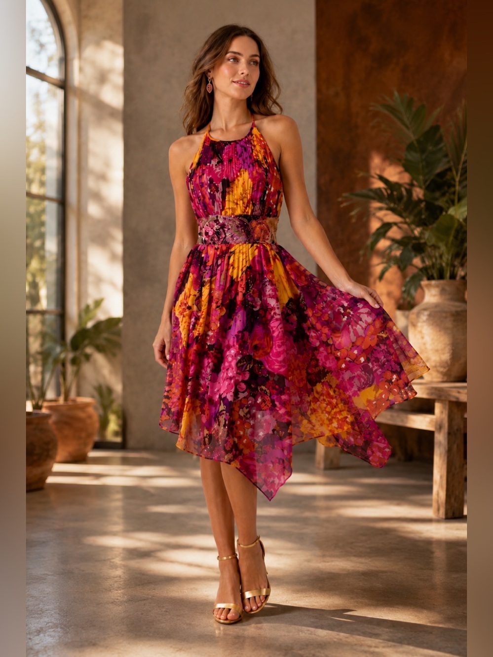 Aidan Mattox Silk Halter Dress Floral Beaded Waist Handkerchief Hem Size 2